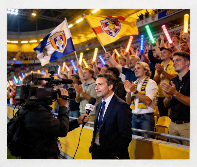 体育赛事现场记者与观众席整体氛围画面